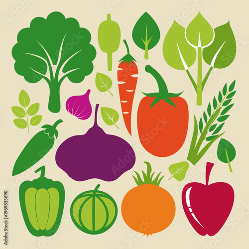 Vegetable Silhouette Collection, Fresh Farm Veggies Vector Illustration