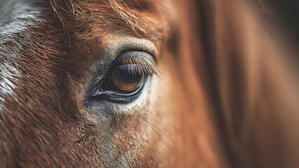 Closeup of a horses eye with brown fur and a blurred background, showcasing the animals gentle gaze and detailed facial features
