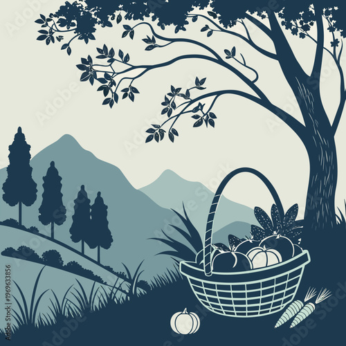 Nature Landscape Silhouette with Tree and Basket, Scenic Vector Illustration