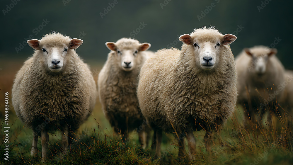 Fototapeta premium Four sheep standing in a field looking at the camera with a blurred background of trees and grass