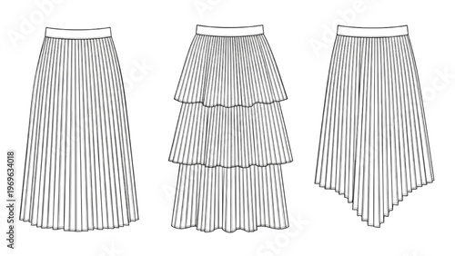 Vector CAD design style skirts in pleated fashion with three different cuts