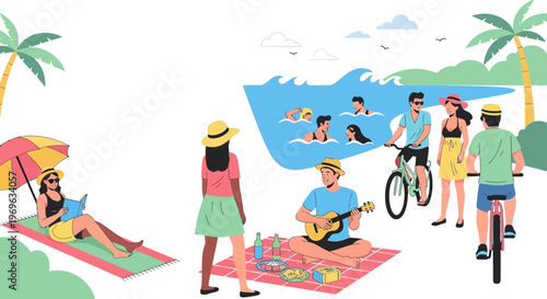 Diverse group enjoying a sunny beach day with various activities.