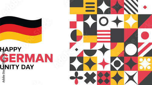 Happy German Unity Day Vector Illustration Featuring Waving Germany Flag And Modern Bauhaus Style Geometric Abstract Mosaic Pattern Graphic Design