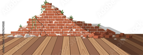 Illustration of a crumbling brick wall with cracks and plants growing, on a wooden floor