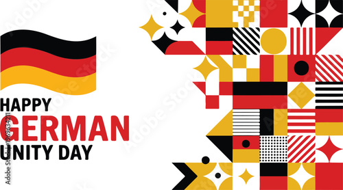 Happy German Unity Day Vector Illustration Featuring Waving Germany Flag And Modern Bauhaus Style Geometric Abstract Mosaic Pattern Graphic Design
