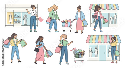 Diverse group of women enjoying shopping and retail therapy.