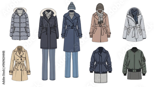 Vector illustration of various winter coats in CAD design style for fashion