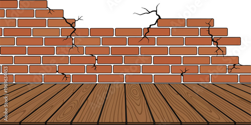 Cracked Brick Wall and Wooden Floor as a Damaged Surface Background for Design