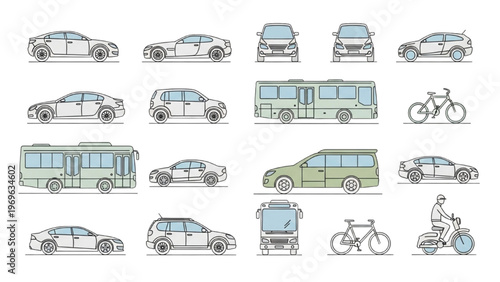Vector CAD design style illustration of various transportation vehicles