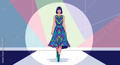 Fashion model walking on runway wearing geometric dress.