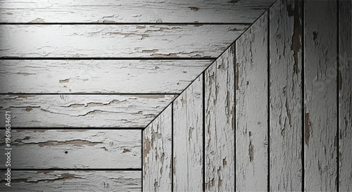 Natural white wood texture. White distressed wooden planks background for design. White distressed wooden planks with peeling paint and grain.