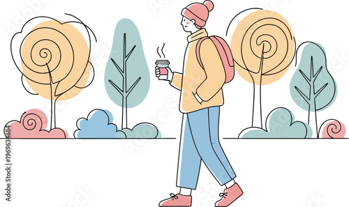 Young woman walking with coffee vector illustration outdoor casual lifestyle scene