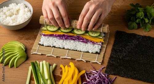 Hands making sushi with various ingredients.