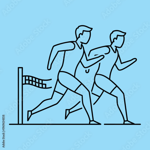 Two athletes running past hurdle in minimal line style line minimal running racing sports