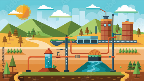 Overview of a factory setup with pipes and water flow in a landscape with mountains and a bright sun in a cartoon style