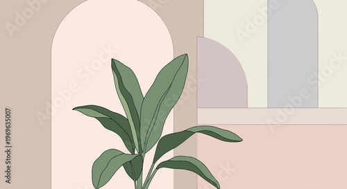 Green Houseplant with Large Leaves in Minimalist Interior.