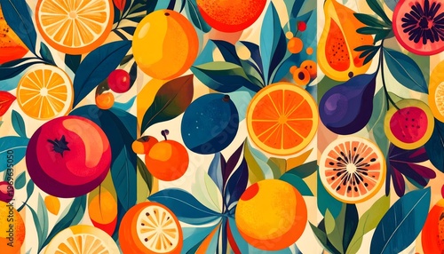 Vibrant Tropical Fruit Illustration with Bold Colors and Lush Foliage