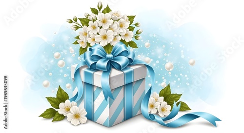 Gift box with blue ribbon and white flowers green leaves