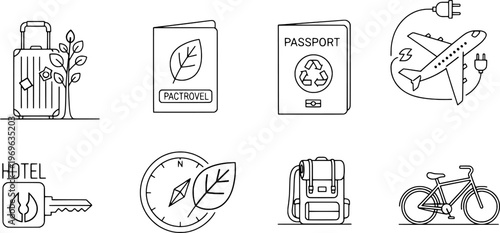 Clean outline sustainable travel and eco-friendly vacation symbols collection, "Created with AI assistance and manually refined."