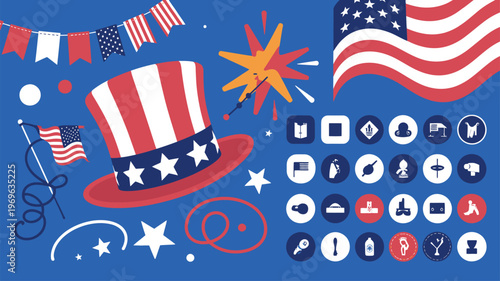 American flag, Uncle Sam hat, festive decor, and diverse icons on a blue background