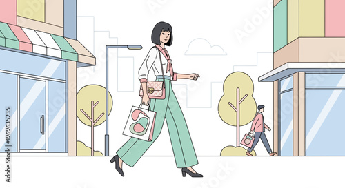 Stylish woman walking confidently down a city street.