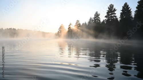 Misty lake at sunrise with sunlight breaking through trees, creating reflections on water surface and fog hovering above, showcasing serene natural beauty in a tranquil setting
