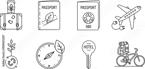 Minimalist eco-travel and green tourism icon set, "Created with AI assistance and manually refined."
