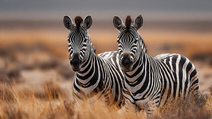 Two zebras standing together in a field of dry grass looking at the camera with a blurred background of savannah
