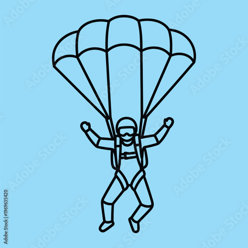 Black line of a person skydiving with a parachute on blue background line black lines skydiver