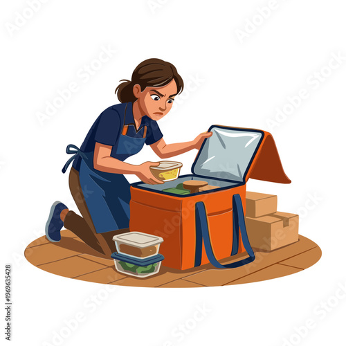 Woman opening portable lunch cooler box on floor with food