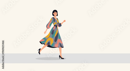 Woman in Colorful Dress Running with Bag.
