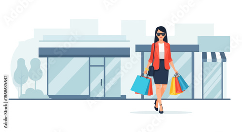 Woman with shopping bags walking outside stores.