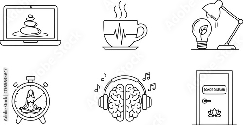 Minimalist mindful productivity and remote work wellness icon set, "Created with AI assistance and manually refined."