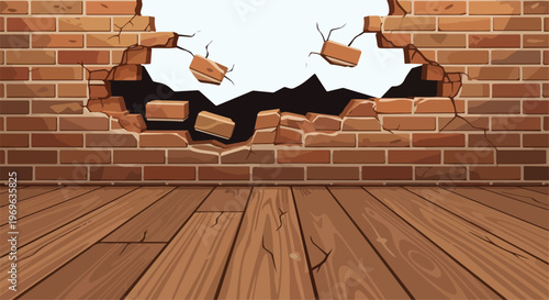 Broken brick wall revealing white background with wooden floor planks in foreground