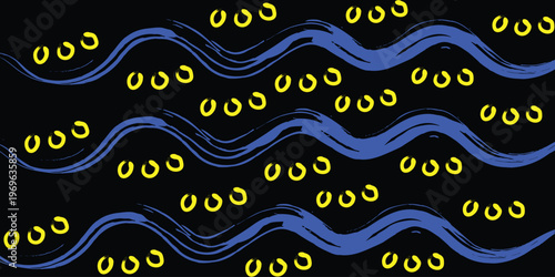 Vibrant blue wavy lines and yellow dots on pattern