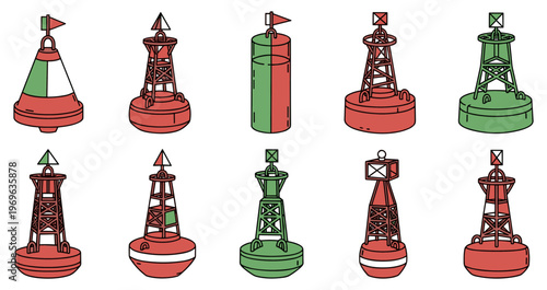 Collection of nautical buoys and beacons with red and green colors