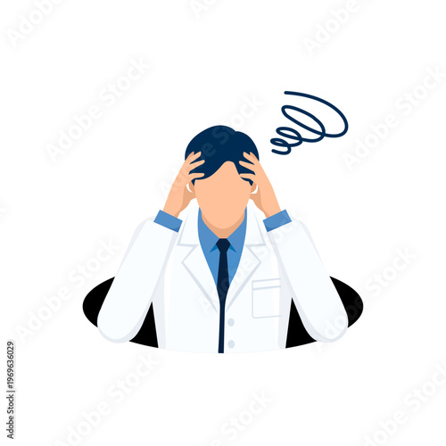 頭を抱えて悩む男性医師と、落とし穴のイラスト
