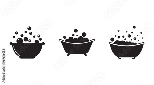 Black and white illustration of three bathtubs with bubbles rising to the surface  different shapes and sizes of tubs and bubbles  simple design