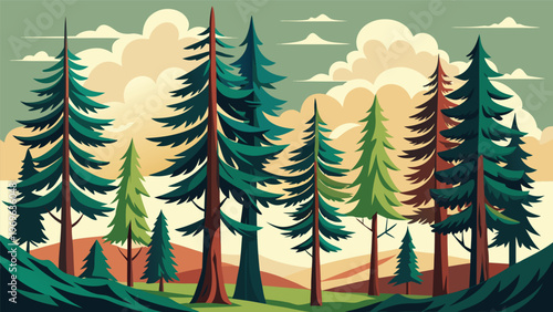 Tall trees stand in a forest with a colorful sky during daylight showing various shades of green and brown
