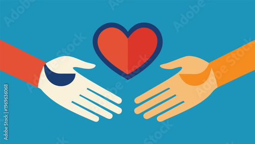 Hands reaching towards a heart on a blue background to symbolize care and connection between people
