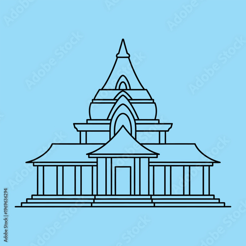 Blue line of Thai temple with pointed spire and columns line temple Thai architecture blue background