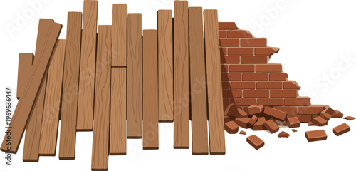 Illustration of damaged brick wall being temporarily repaired with wooden planks