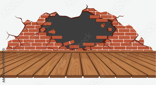 Cracked brick wall revealing dark interior with wooden floorboards in a break-through effect
