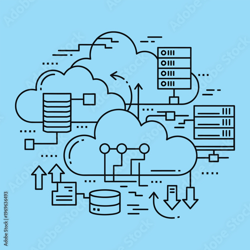 Cloud computing network line with servers and databases line servers data storage