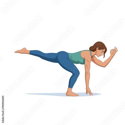 Woman practices yoga pose in studio with balance and focus on body