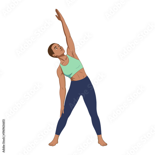 Woman stretching arm up in yoga pose on fitness mat indoors