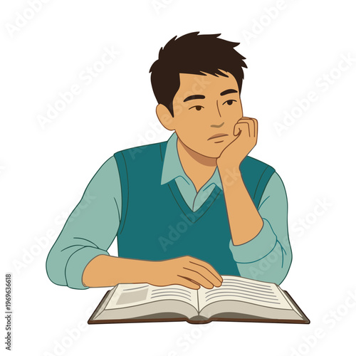 Man sitting reading book looking thoughtful at table indoors