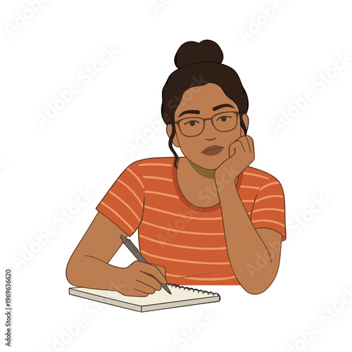 A woman writes in her notebook with a thoughtful expression