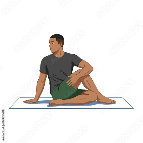 Man performs seated yoga pose on mat indoors