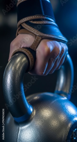 Hand gripping kettlebell with wrist wrap.